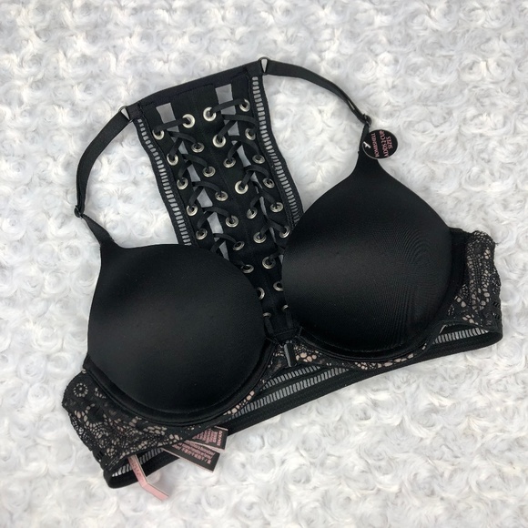 Victoria’s Secret Bombshell Black Lace Up Racerback Bra Add 2 Sizes Size 32A